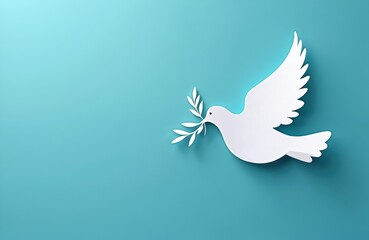 Obraz premium White paper dove with olive branch. Symbol of peace, love, hope against turquoise backdrop. Design for World Peace Day, World Science Day for Peace, development. Holiday, international, global