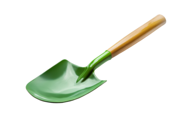 Small garden trowel with wooden handle isolated on transparent background. Green shovel with a wooden handle design for versatile gardening tasks isolated on white background.