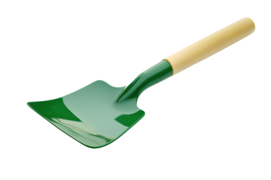 Small garden trowel with wooden handle isolated on transparent background. Green shovel with a wooden handle design for versatile gardening tasks isolated on white background.