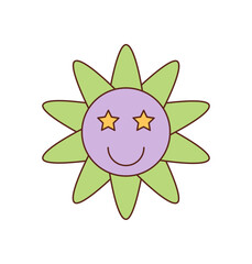 Groovy y2k flower with cartoon graphic style smile and star eyes combines happy and colorful funky appeal. Cute retro groovy element shines as a playful joyful symbol for creative fun design.