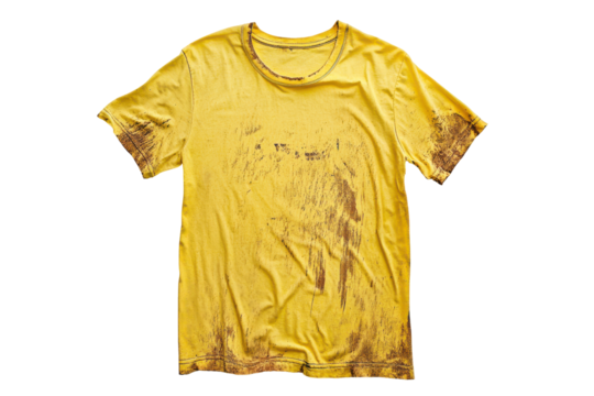 Distressed yellow t-shirt with abstract brown pattern isolated on transparent background. Dirty yellow shirt isolated on white background.