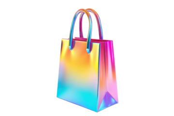 Iridescent holographic shopping bag with handles isolated on transparent background. Iridescent shopping gag icon in gradient colors isolated on white background, 3d rendering.