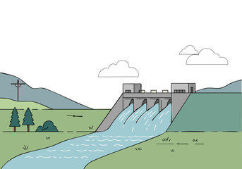 stylized illustration depicts a hydroelectric dam with flowing water The scene showcases a clean modern design with a focus on water flow and power generation