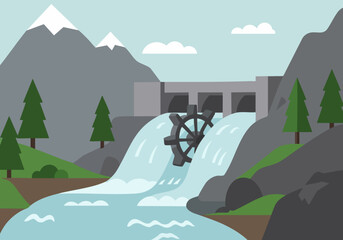 stylized illustration depicts a hydropower dam with a water wheel set against a mountain backdrop It showcases stream energy in a clean modern style ideal for environmental or energy-related visuals