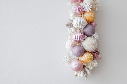 stunning vertical composition featuring array of colorful new year  ornaments on clean monochromatic background