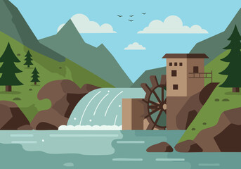 stylized landscape illustration featuring a watermill and waterfall conveying a sustainable river beat Clean lines muted colors and a serene mountain backdrop
