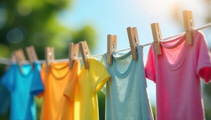 Colorful clothes pegs clipped to a taut clothesline, drying laundry outdoors on a sunny day Perfect for spring, summer, and laundry-related projects , fabric, line, domestic