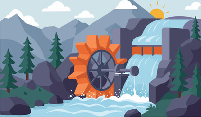 vibrant illustration depicts a water wheel generating power amidst a scenic waterfall landscape  Bold colors and a stylized design create a captivating visual