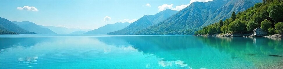 Crystal-clear teal freshwater lake reflecting a vibrant blue sky Calm surface, untouched nature, serene landscape Perfect for travel, nature, and environmental themes , sunlight, summer
