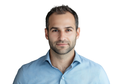 Portrait of a young man with short brown hair and beard wearing a blue shirt isolated on transparent background.
