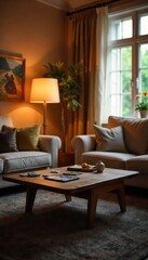 Cozy living room scene with warm lighting, comfortable furniture, and family games scattered on a coffee table, suggesting a relaxed evening of family time at home , happiness, living room, games