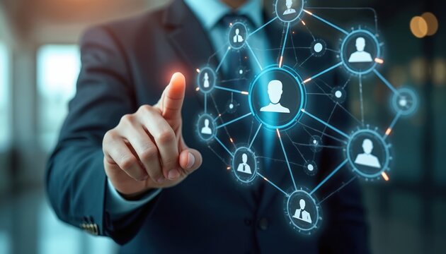 Businessman touches digital interface connecting people icons. Virtual network of global connections and collaboration in modern office. Technology, innovation, and communication for business growth. - Powered by Adobe