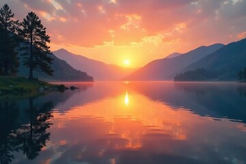 Serene sunrise over a tranquil lake, reflecting the peaceful and spiritual energy of nature Perfect for meditation, yoga, and mindfulness themes , belief, meditation