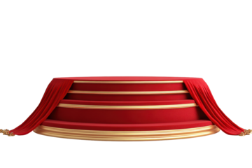 Luxurious red velvet podium with gold trim and drapes isolated on transparent background. Red podium isolated on white background, 3d rendering.