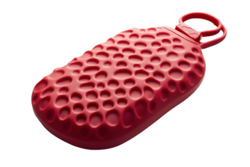 Red textured hot water bottle isolated on transparent background. Red rubber hot water bottle with a textured surface for improved grip and heat distribution isolated on white background.