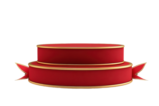 Luxurious red velvet podium with gold trim and drapes isolated on transparent background. Red podium isolated on white background, 3d rendering.