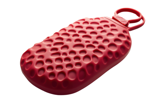 Red textured hot water bottle isolated on transparent background. Red rubber hot water bottle with a textured surface for improved grip and heat distribution isolated on white background.
