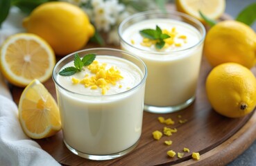 Creamy lemon yogurt smoothie served in glasses with mint garnish, lemon zest topping. Refreshing cold beverage made from dairy, fruit, yellow lemons, perfect for summer. Delicious sweet dessert drink.