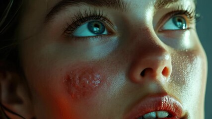 Close-up of a woman with a blemished face looking at the camera.