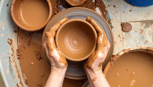 Hands shaping clay bowl on pottery wheel