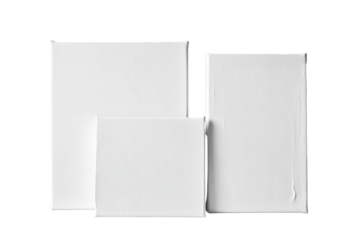 Blank white canvas boards of different sizes isolated on transparent background. Set of white canvas panels in different sizes featuring blank surfaces isolated on white background.