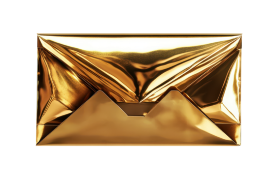 Shiny gold envelope folded and isolated on transparent background. Shiny gold envelope open with a triangular flap isolated on white background, 3d rendering.