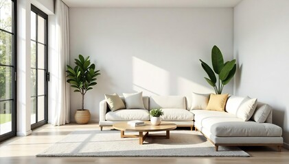 Serene minimalist living room interior  Neutral tones, clean lines, and natural light create a calm and peaceful atmosphere  Perfect for design blogs and home decor websites ,  gray,  scandi