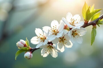 Delicate white spring blossoms on a branch, sunlight filtering through petals Fresh, pure, and vibrant, perfect for spring themes and nature imagery , bloom, macro