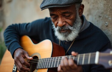 Close-up of mature African American man with grey beard, deeply focused playing acoustic guitar. Hands skillfully navigate fretboard, expressing soulful connection to music. Image captures moment of