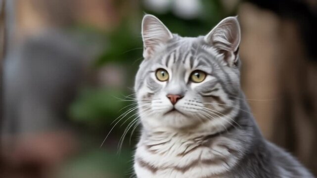 Close-Up Portrait of Silver Tabby Cat with Yellow-Green Eyes &mdash; Detailed Fur Texture and Natural Outdoor Light
