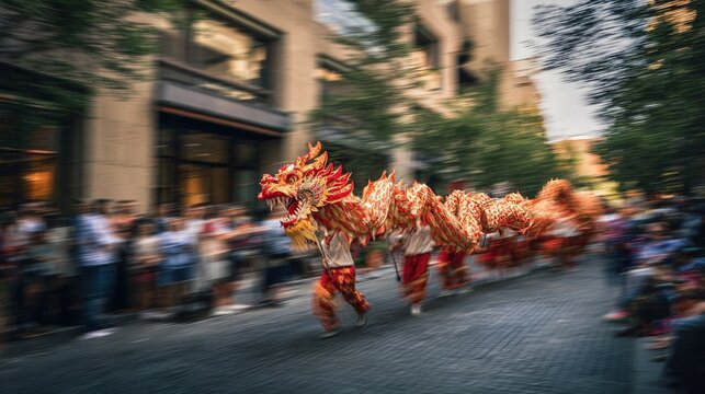 Vibrant red and gold Chinese dragon dance moving down a city street in a parade