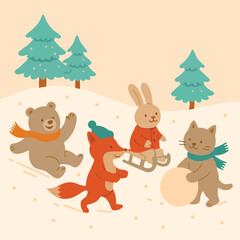 Snow Cute Animals Christmas Happy Vector Winter Illustration Holiday Merry Season Joy Xmas Sled Snowball Print Design
