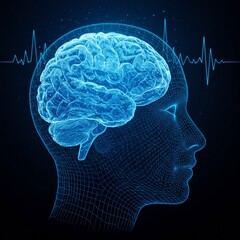 Futuristic Wireframe Human Head with Glowing Brain and EEG Waveform &ndash; AI and Neuroscience Concept
