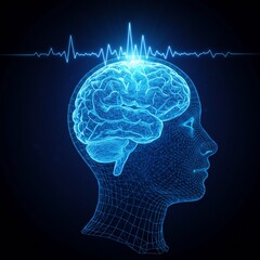 Futuristic 3D Human Brain with Neural Network and Heartbeat Pulse in Digital Head Profile