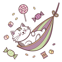 Mischievous Maine Coon with in a hammock, set in a charming Birthday theme – Candy Shop color vector art