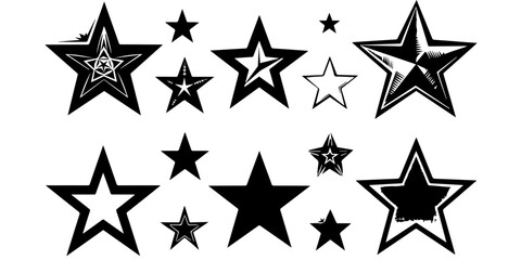 Obraz premium Star Illustrations Set. Black and White Star Designs, Grunge Retro Star Vector Pack, Geometric Star Icons, Decorative Star Clipart Collection