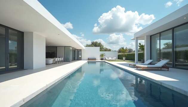 Sleek modern backyard geometric pool design. Luxury villa features minimalist architecture, horizontal lines, large windows. White facades complement rich green landscaping, creating serene