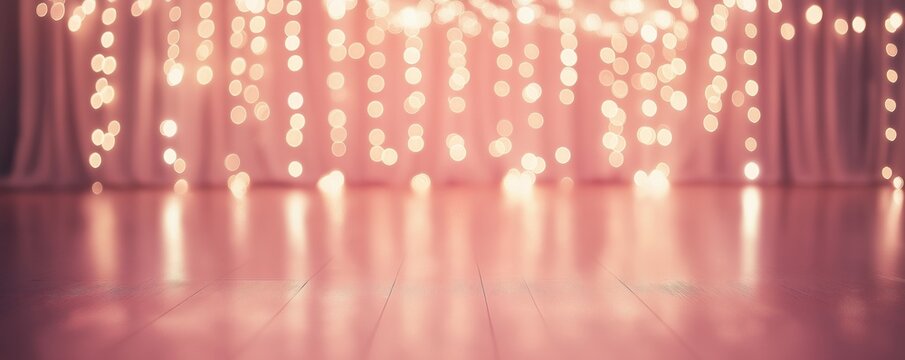 Dreamy, pastel-colored abstract background with bokeh effects. It features a gradient of soft blue and pink hues with glittering particles and blurred light spots across the surface.