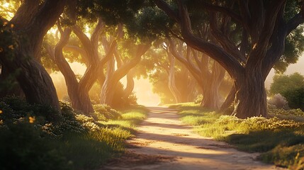 Magical forest arch glowing with sunlight high resolution picture