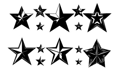 Star Illustrations Set | Black and White Star Designs, Grunge Retro Star Vector Pack, Geometric Star Icons, Decorative Star Clipart Collection