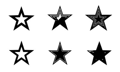 Star Illustrations Set | Black and White Star Designs, Grunge Retro Star Vector Pack, Geometric Star Icons, Decorative Star Clipart Collection
