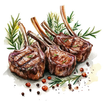 grilled lamb chops with rosemary watercolor clip art preview