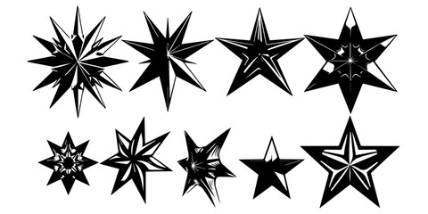 Obraz premium Set of black star icons and starburst shapes on white background. Collection of various decorative stars in different outlines and fills. Geometric celestial illustration elements.