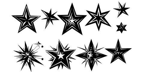 Obraz premium Set of black star icons and starburst shapes on white background. Collection of various decorative stars in different outlines and fills. Geometric celestial illustration elements.
