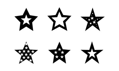 Fototapeta premium Set of black star icons and starburst shapes on white background. Collection of various decorative stars in different outlines and fills. Geometric celestial illustration elements.
