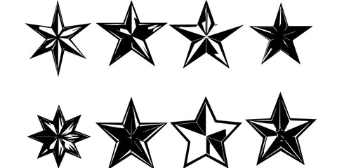Obraz premium Set of black star icons and starburst shapes on white background. Collection of various decorative stars in different outlines and fills. Geometric celestial illustration elements.