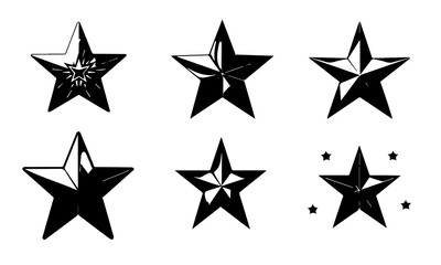Fototapeta premium Set of black star icons and starburst shapes on white background. Collection of various decorative stars in different outlines and fills. Geometric celestial illustration elements.
