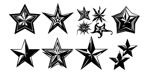 Set of black star icons and starburst shapes on white background. Collection of various decorative stars in different outlines and fills. Geometric celestial illustration elements.