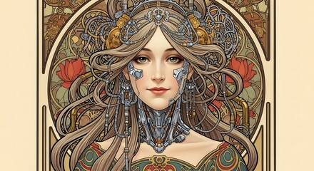 Celestial Art Nouveau: A digitally crafted artwork embodies an art nouveau aesthetic, portraying a woman adorned in a cybernetic-inspired fashion, emanating an aura of elegance and sophistication.