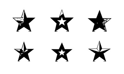 Set of black star icons and starburst shapes on white background. Collection of various decorative stars in different outlines and fills. Geometric celestial illustration elements.